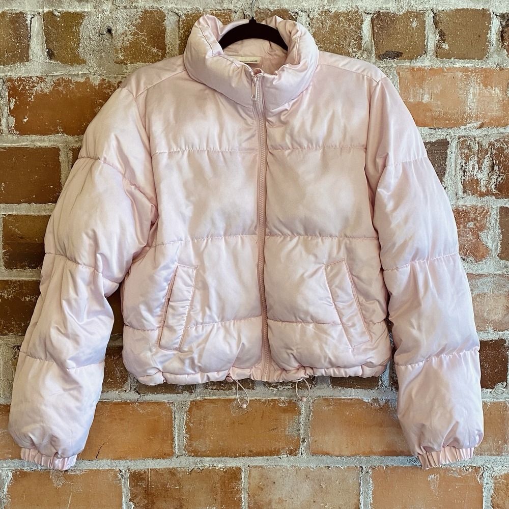 Light Pastel Pink Puffer Coat Parka Cropped Women's Size Large